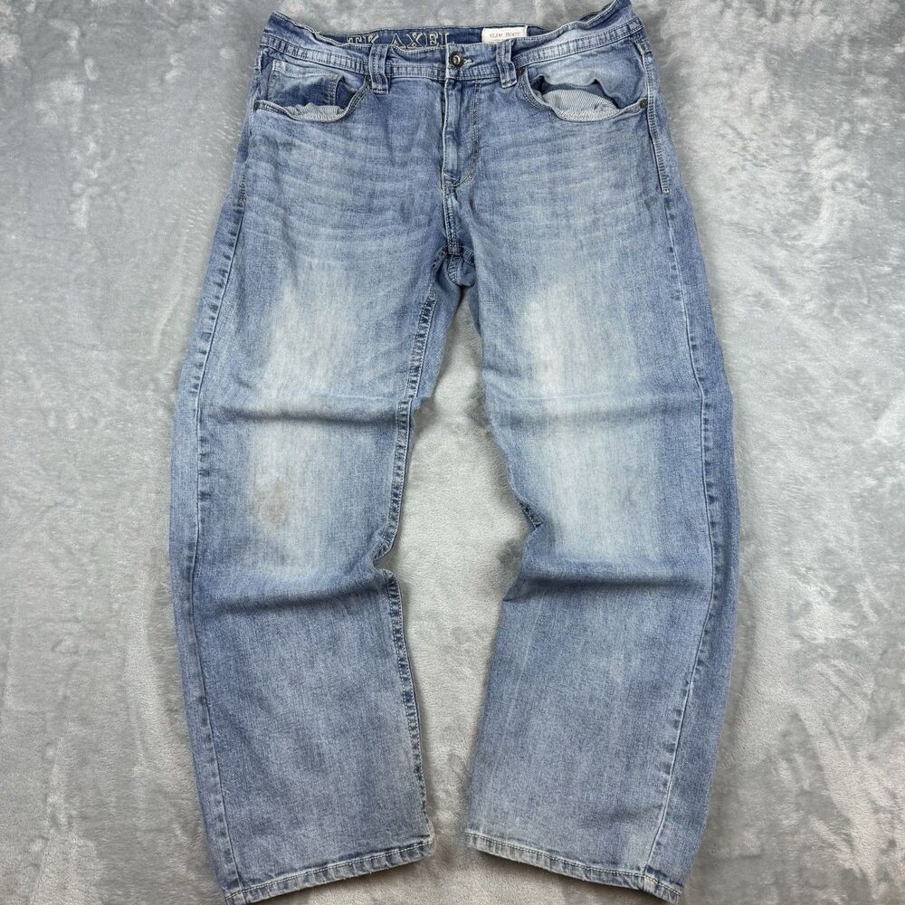 TK Axel Slim Boot Light Wash Jeans Mens 36x32 Distressed Faded Denim Pants